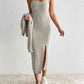 Ribbed Spaghetti Strap Slit Dress & Cardigan Set